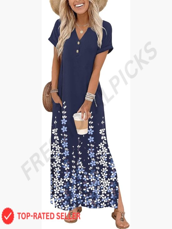 Dresses & Skirts - Maxi Dress Short Sleeve V-Neck Side Slit Pockets Summer Casual Sundress